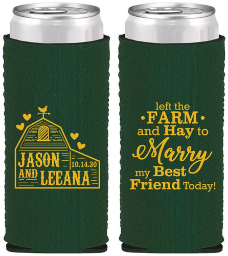 Custom Wedding Neoprene Slim Can Coolers - Left The Farm Tractor | 352