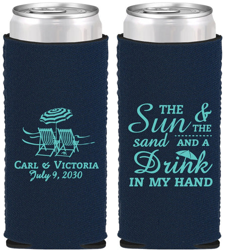 Custom Wedding Neoprene Slim Can Coolers - Sun Sand Drink In My Hand | 353