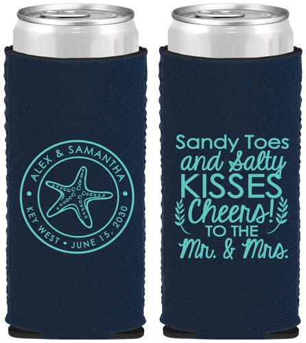 Custom Wedding Neoprene Slim Can Coolers - Sandy Feet Salty Kisses | 355