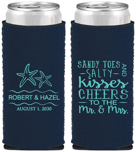 Custom Wedding Neoprene Slim Can Coolers - Sandy Feet Salty Kisses | 356
