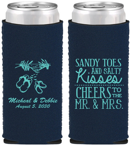 Custom Wedding Neoprene Slim Can Coolers - Sandy Feet Salty Kisses | 357