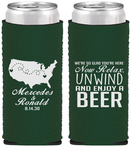 Custom Wedding Neoprene Slim Can Coolers - Relax Unwind Enjoy Beer | 360
