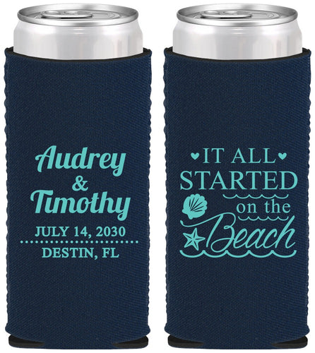 Custom Wedding Neoprene Slim Can Coolers - Started On The Beach | 361