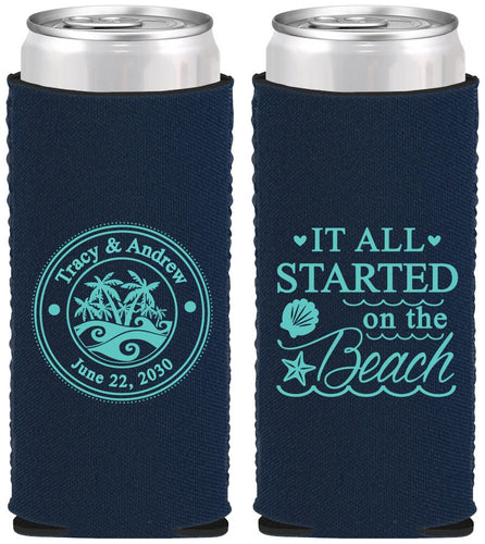 Custom Wedding Neoprene Slim Can Coolers - Started On The Beach | 362