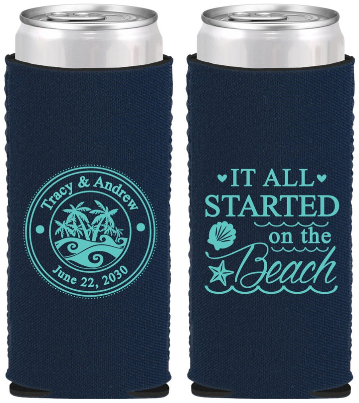 Custom Wedding Neoprene Slim Can Coolers - Started On The Beach | 362