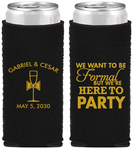 Custom Wedding Neoprene Slim Can Coolers - Formal Here To Party | 366