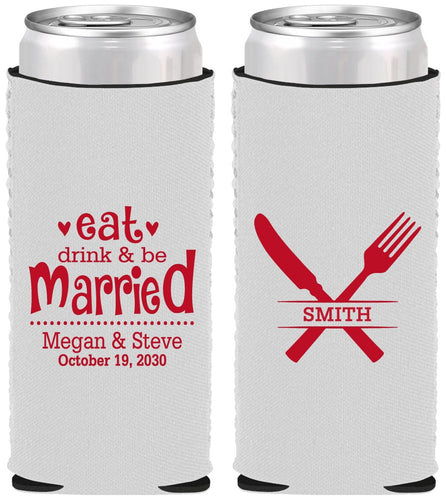 Custom Wedding Neoprene Slim Can Coolers - Eat Drink Be Married | 368
