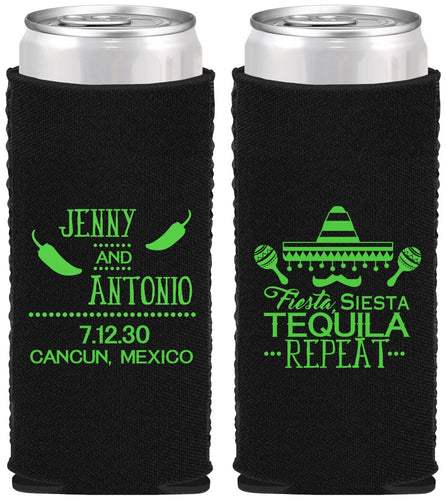 Custom Wedding Neoprene Slim Can Coolers - Fiesta Siesta Tequila Repeat | 369