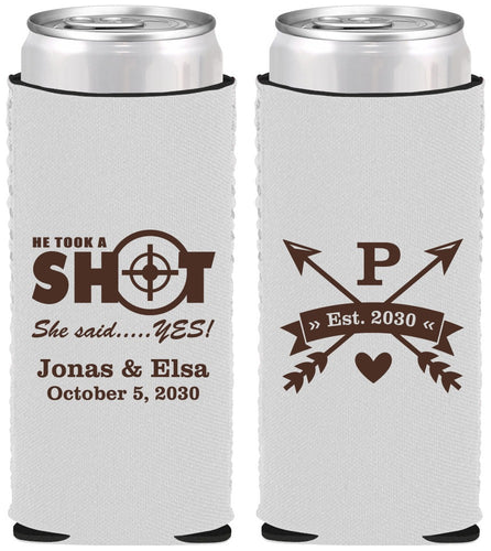 Custom Wedding Neoprene Slim Can Coolers - Take A Shot She Said Yes | 370