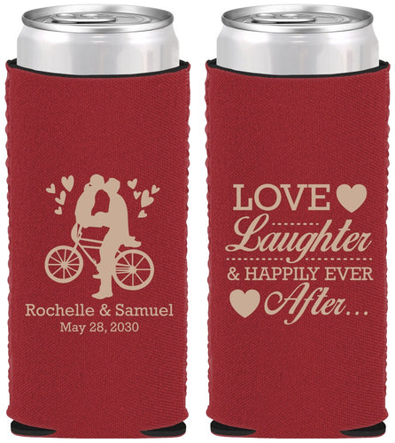 Custom Wedding Neoprene Slim Can Coolers - Love Laughter Happily | 376
