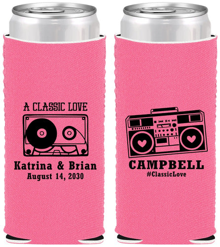 Custom Wedding Neoprene Slim Can Coolers - Class Love Cassette Tape | 389