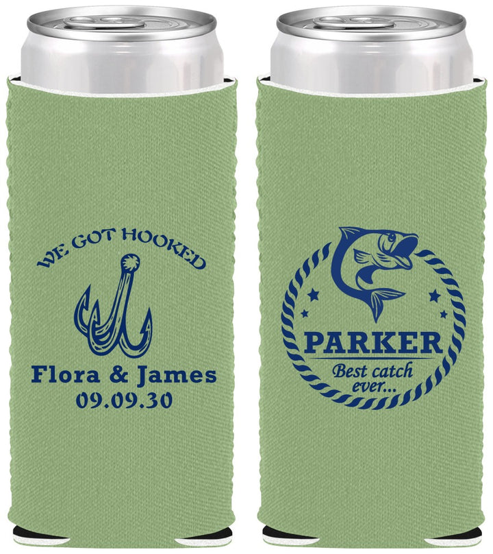 Custom Wedding Neoprene Slim Can Coolers - We Got Hooked Fish | 392