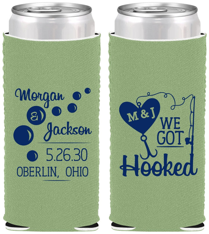 Custom Wedding Neoprene Slim Can Coolers - We Got Hooked Fish | 396