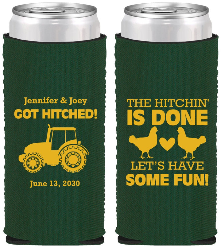 Custom Wedding Neoprene Slim Can Coolers - Got Hitched Tractor | 397