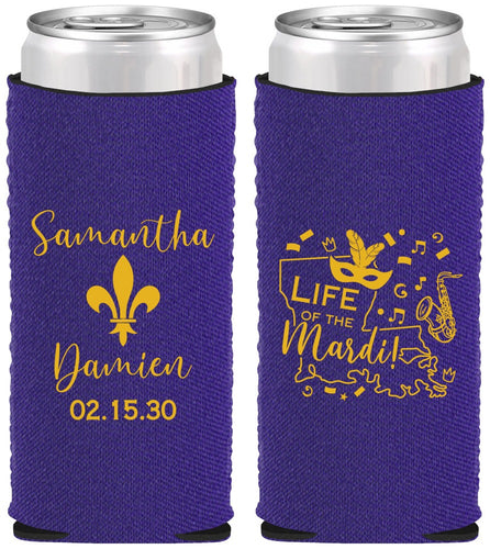 Custom Wedding Neoprene Slim Can Coolers - Mardi Gras | 398