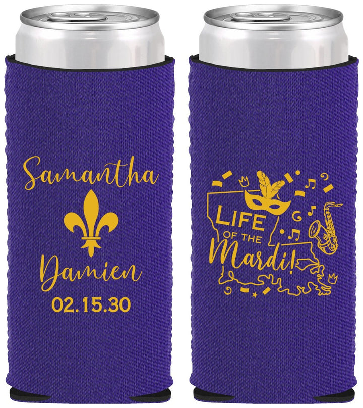 Custom Wedding Neoprene Slim Can Coolers - Mardi Gras | 398
