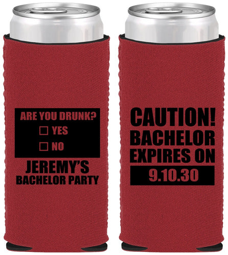 Custom Bachelor Party Neoprene Slim Can Coolers - Caution Expires On | 40012