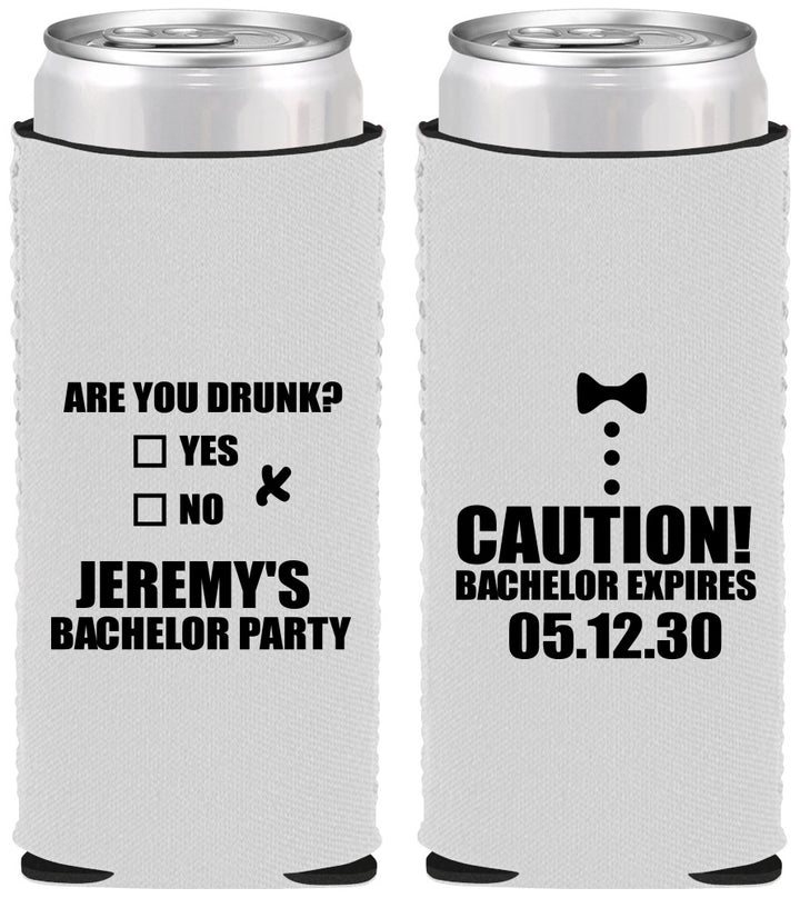 Custom Bachelor Party Neoprene Slim Can Coolers - Caution Expires On | 40013