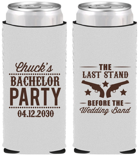 Custom Bachelor Party Neoprene Slim Can Coolers - Last Stand Wedding Bands | 40015
