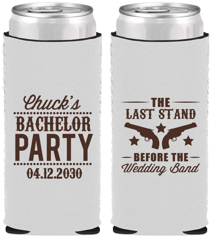 Custom Bachelor Party Neoprene Slim Can Coolers - Last Stand Wedding Bands | 40015