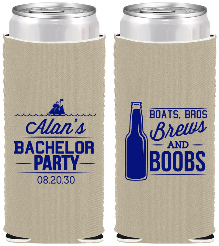 Custom Bachelor Party Neoprene Slim Can Coolers - Brews And Boobs | 40022