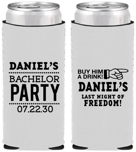 Custom Bachelor Party Neoprene Slim Can Coolers - Last Night Of Freedom | 40029