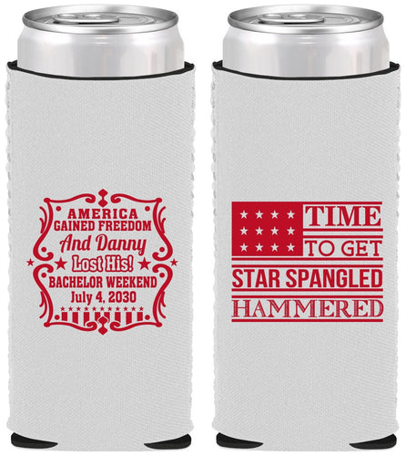 Custom Bachelor Party Neoprene Slim Can Coolers - Star Spangled Hammered | 40032