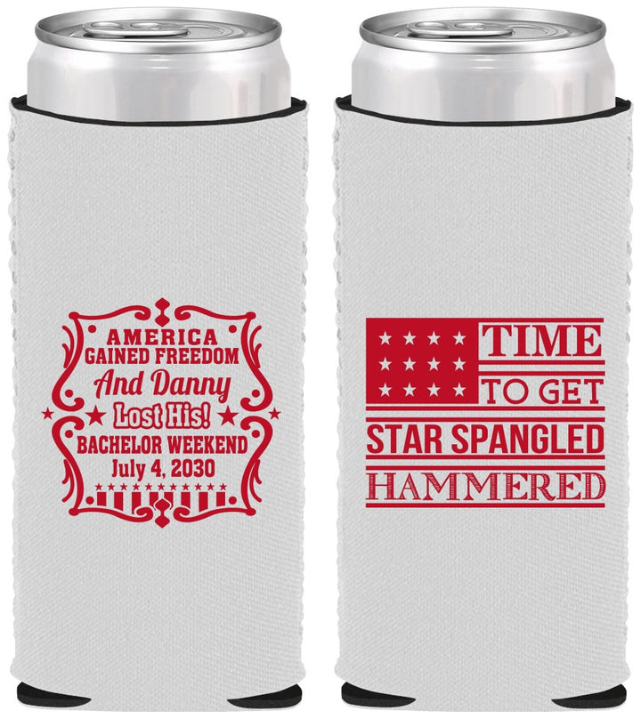 Custom Bachelor Party Neoprene Slim Can Coolers - Star Spangled Hammered | 40032