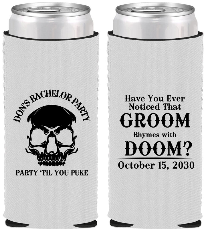 Custom Bachelor Party Neoprene Slim Can Coolers - Groom Doom Skull | 40041