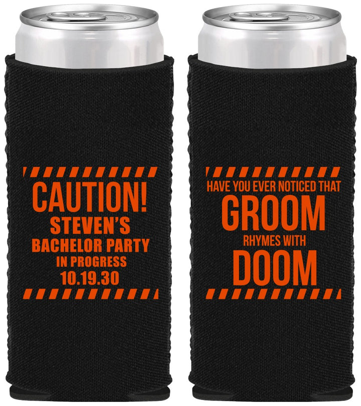 Custom Bachelor Party Neoprene Slim Can Coolers - Groom Rhymes Doom | 40042