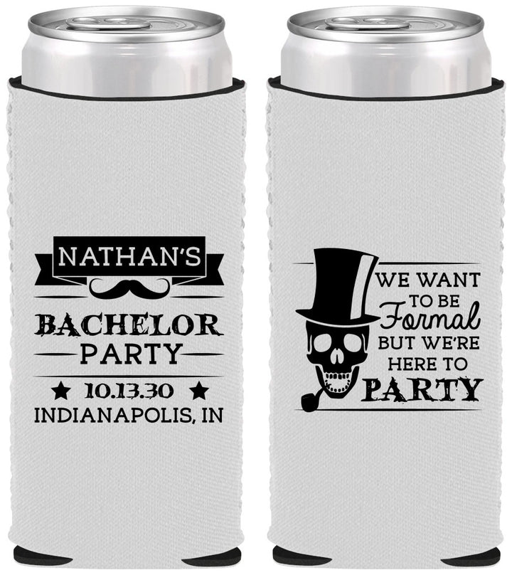 Custom Bachelor Party Neoprene Slim Can Coolers - Formal Skeleton | 40048