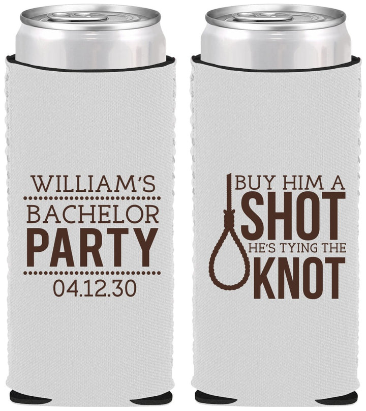 Custom Bachelor Party Neoprene Slim Can Coolers - Buy Him A Shot | 40051