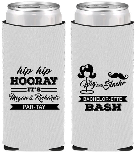 Custom Bachelor Party Neoprene Slim Can Coolers - Wig Or Stache | 40058