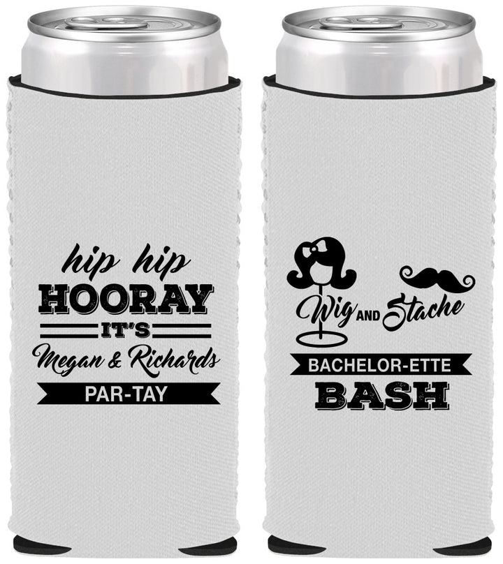 Custom Bachelor Party Neoprene Slim Can Coolers - Wig Or Stache | 40058