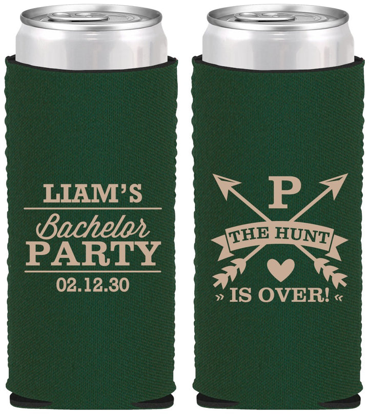 Custom Bachelor Party Neoprene Slim Can Coolers - Hunt Is Over | 40082
