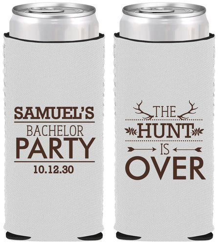 Custom Bachelor Party Neoprene Slim Can Coolers - Hunt Is Over | 40084