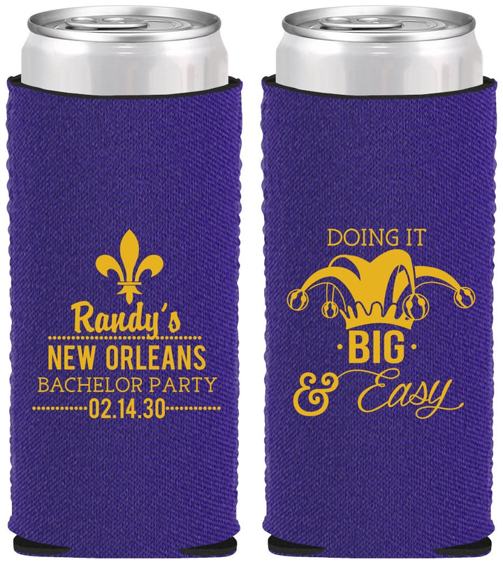 Custom Bachelor Party Neoprene Slim Can Coolers - Mardi Gras | 40089