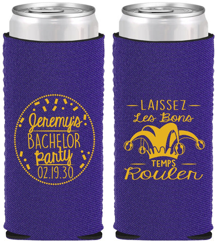 Custom Bachelor Party Neoprene Slim Can Coolers - Mardi Gras | 40090