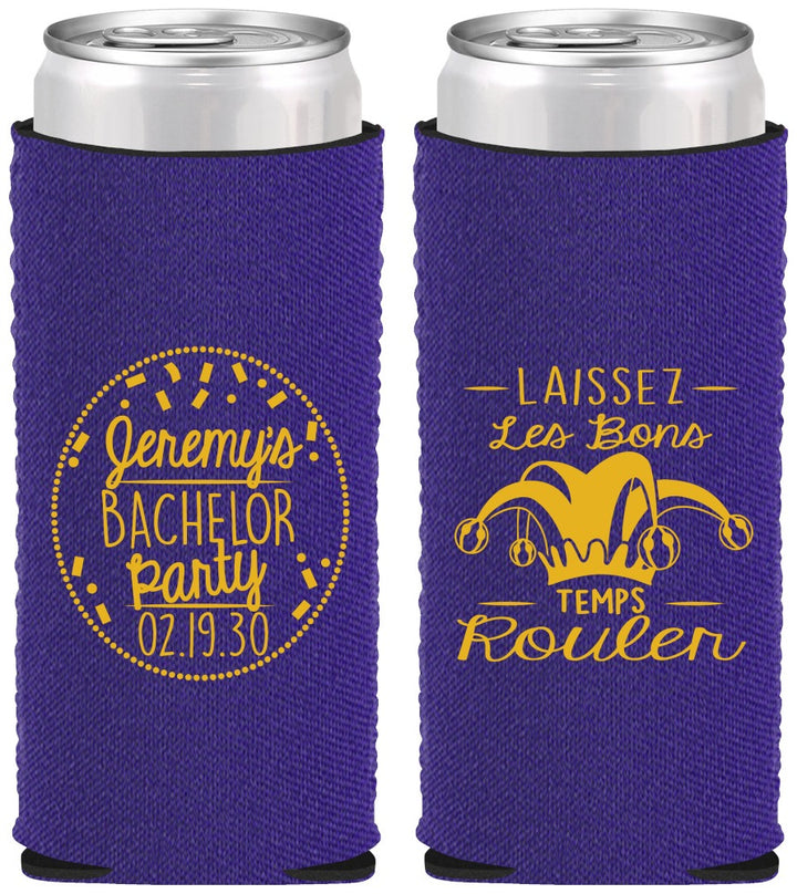 Custom Bachelor Party Neoprene Slim Can Coolers - Mardi Gras | 40090