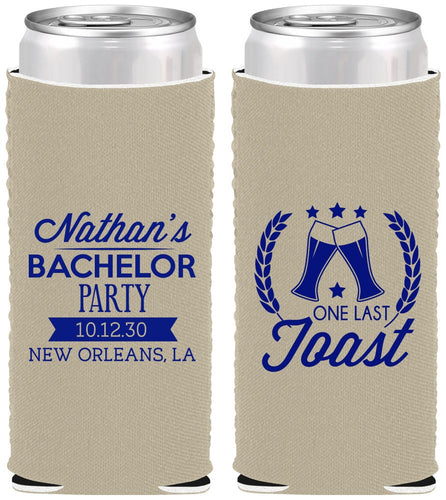 Custom Bachelor Party Neoprene Slim Can Coolers - One Last Toast | 40095