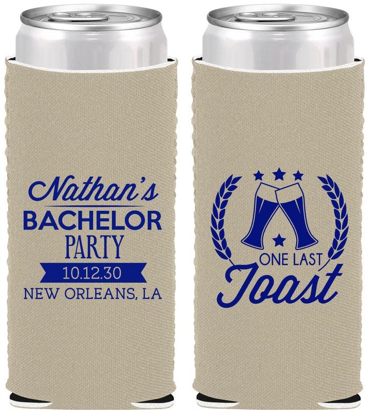 Custom Bachelor Party Neoprene Slim Can Coolers - One Last Toast | 40095
