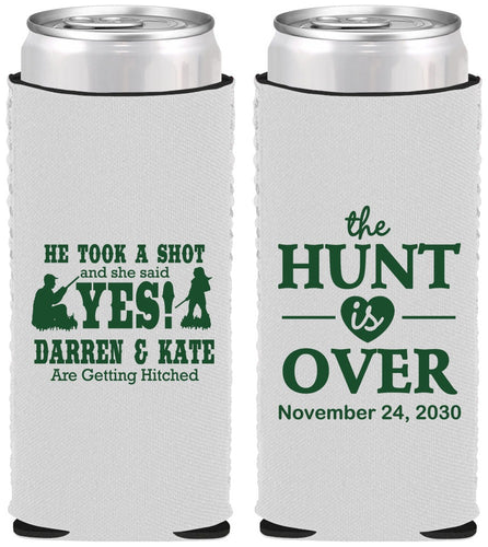 Custom Wedding Neoprene Slim Can Coolers - The Hunt Is Over | 403