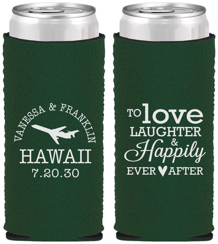 Custom Wedding Neoprene Slim Can Coolers - Love Laughter Happily | 404