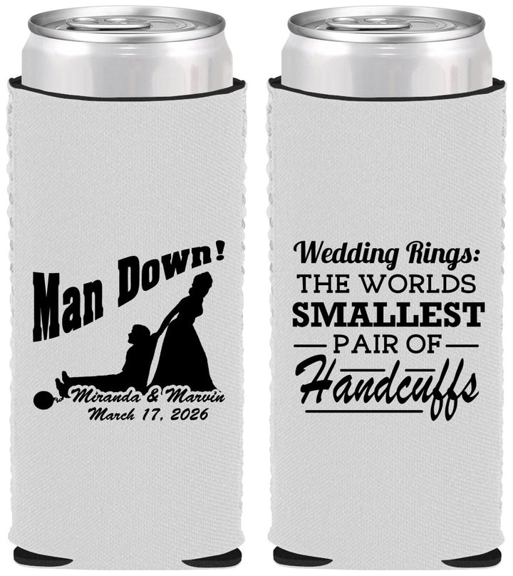 Custom Wedding Neoprene Slim Can Coolers - Man Down | 407