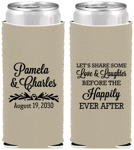 Custom Wedding Neoprene Slim Can Coolers - Love Laughter Happily | 409
