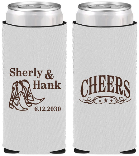Custom Wedding Neoprene Slim Can Coolers - Cheers Cowboy | 411