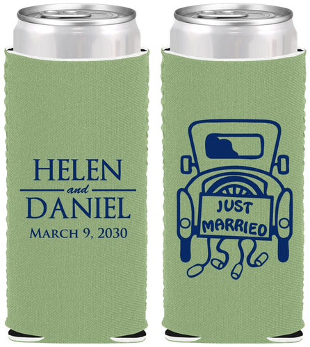 Custom Wedding Neoprene Slim Can Coolers - Just Married Old Car | 413