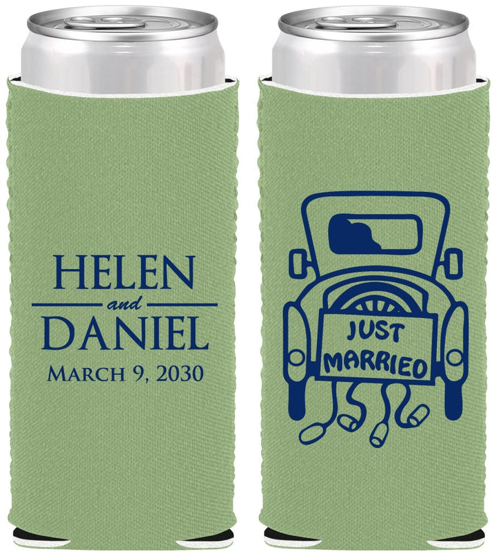 Custom Wedding Neoprene Slim Can Coolers - Just Married Old Car | 413