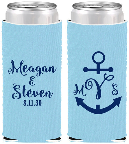 Custom Wedding Neoprene Slim Can Coolers - Monogram Nautical | 414