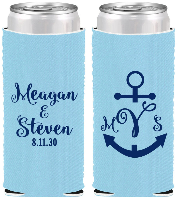 Custom Wedding Neoprene Slim Can Coolers - Monogram Nautical | 414